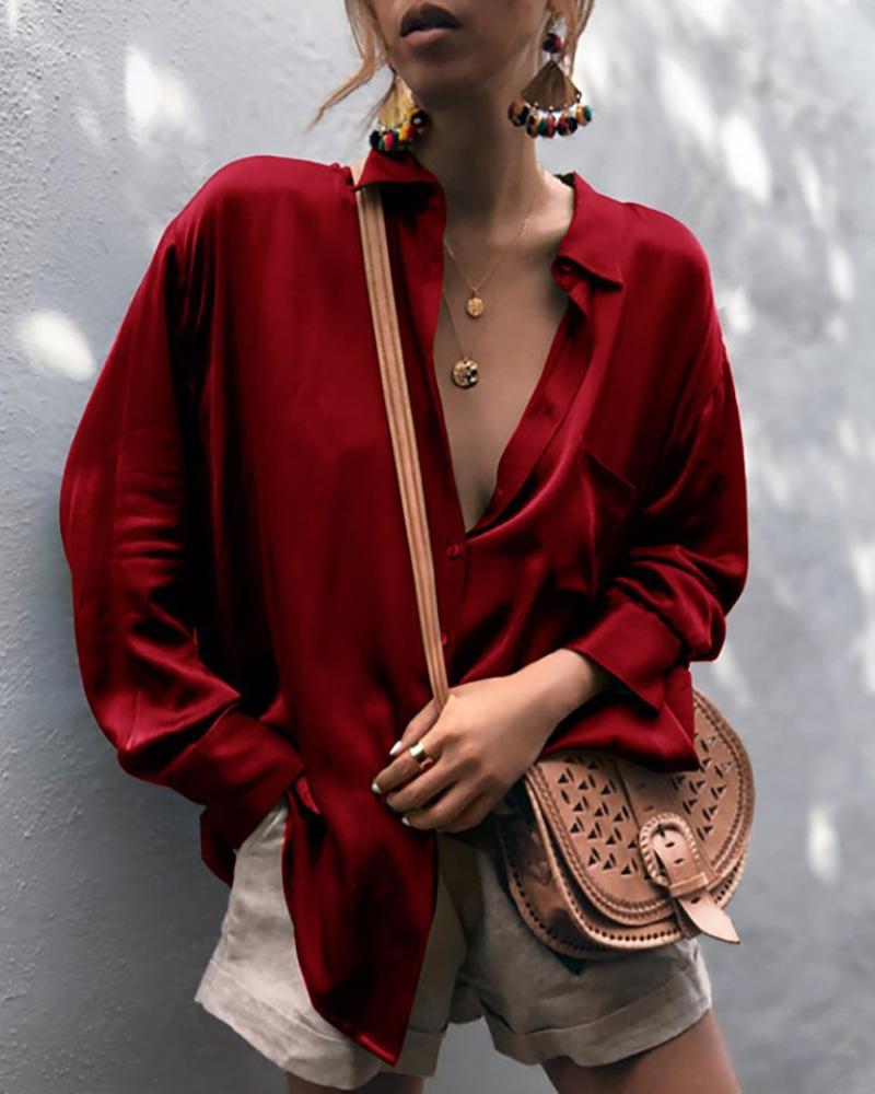 

Button Front Long Sleeve Satin Shirt, Wine red