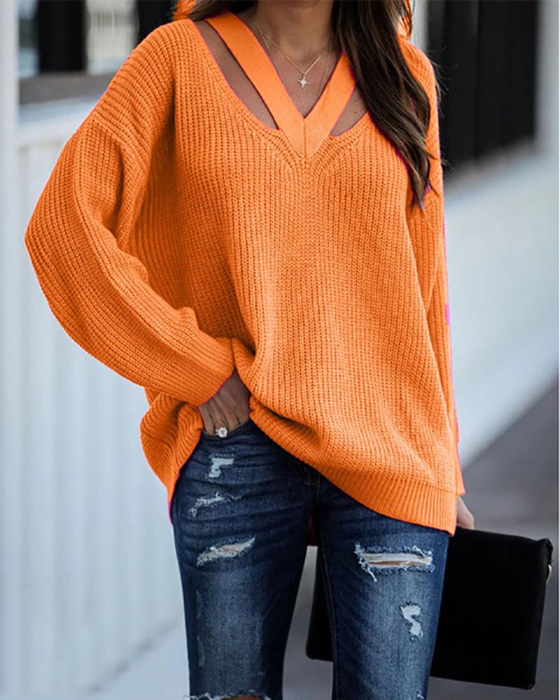 

Cutout V-Neck Drop Shoulder Sweater, Orange