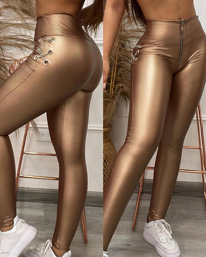 

Eyelet Chain Lace-up Metallic Skinny Pants, Gold