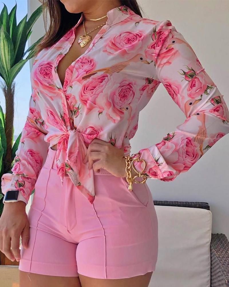 

Floral Print Long Sleeve Buttoned Top, Pink