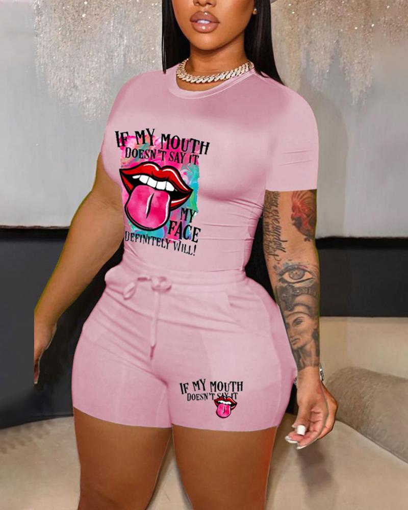 

Lip Graphic Print Top & Drawstring Shorts Set, Pink