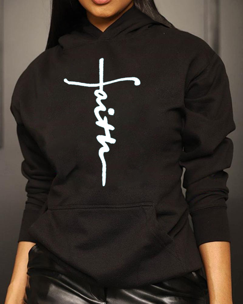 

Faith Print Pocket Design Hoodie, Black