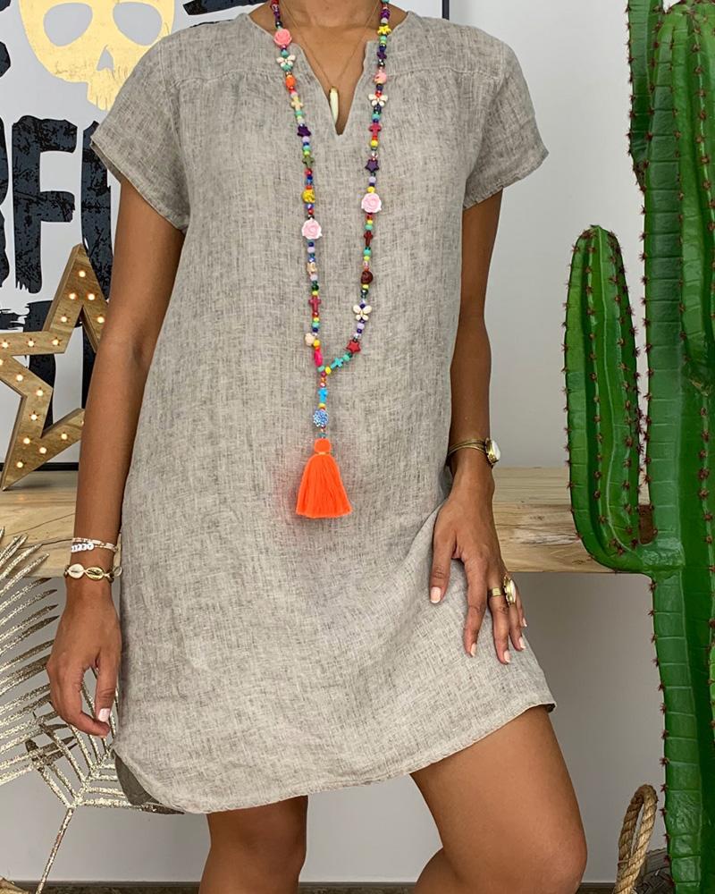 

V-Cut Short Sleeve Casual Dress, Gray