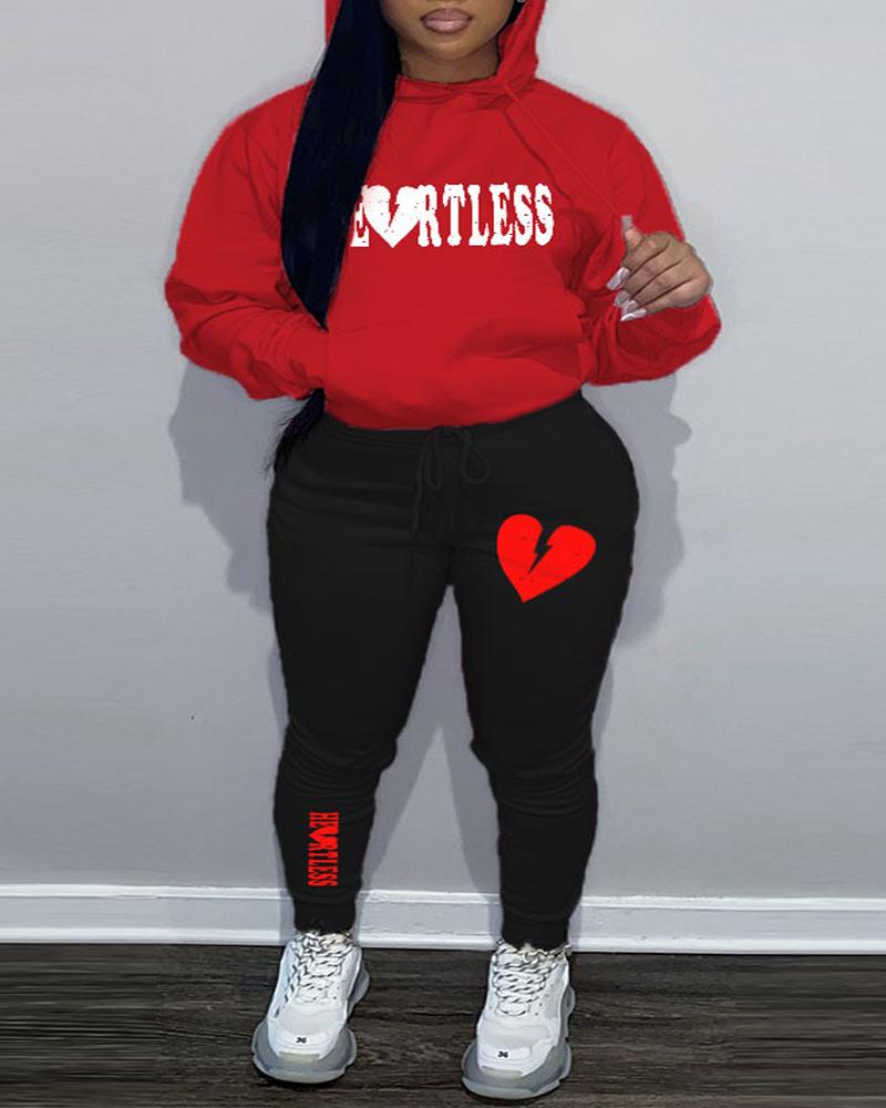 

Plus Size Valentine's Day Heart Letter Print Hoodie & Pants Set, Red