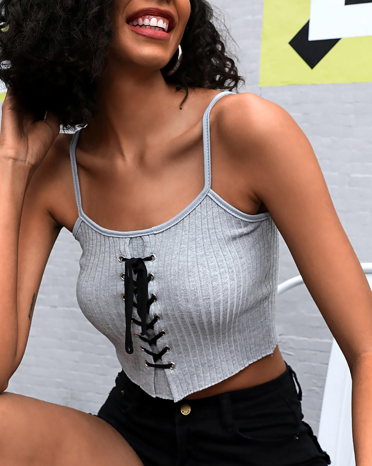 

Spaghetti Strap Eyelet Lace Up Top, Gray