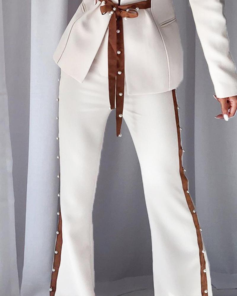

Beaded Decor Tape Patch Work Pants, White