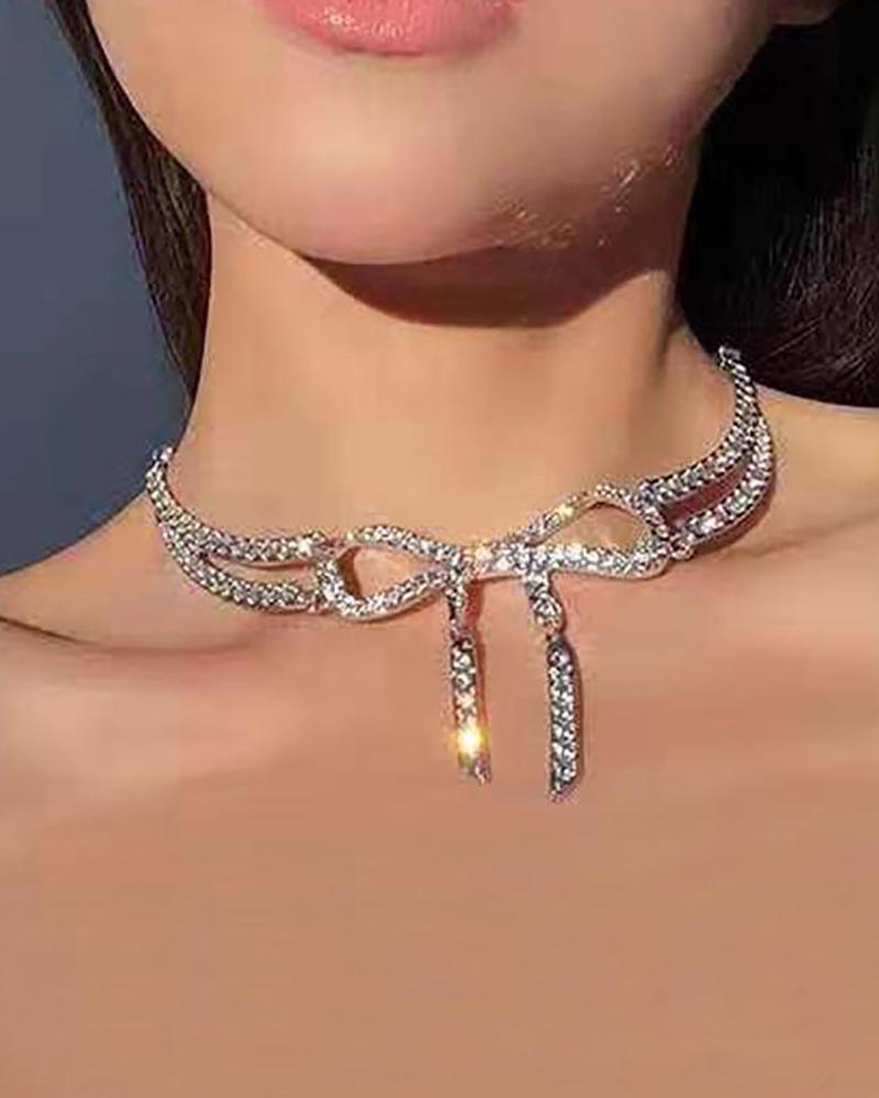 

1PCS Bowknot Decor Half Rhinestone Chain Necklace, Silver