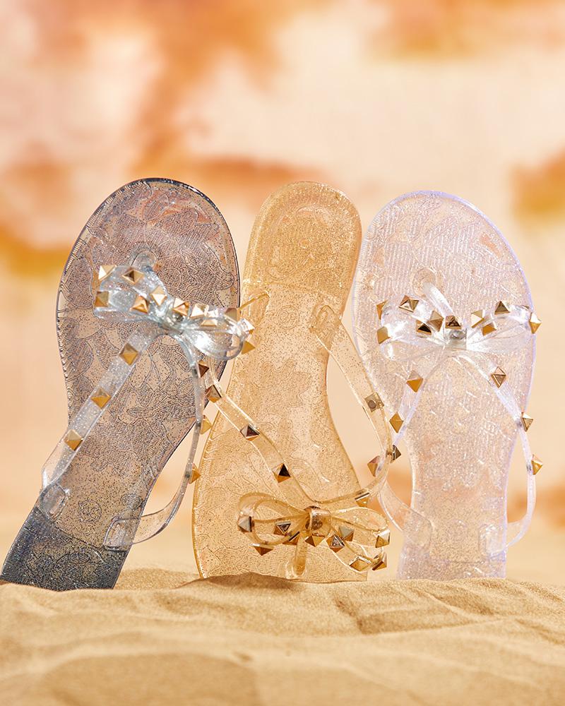 

Bowknot Decor Rivet Clear Perspex Flip Flops, Black