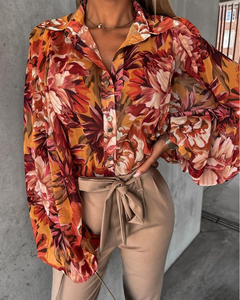 

Floral Print Lantern Sleeve Button Down Shirt, Orange