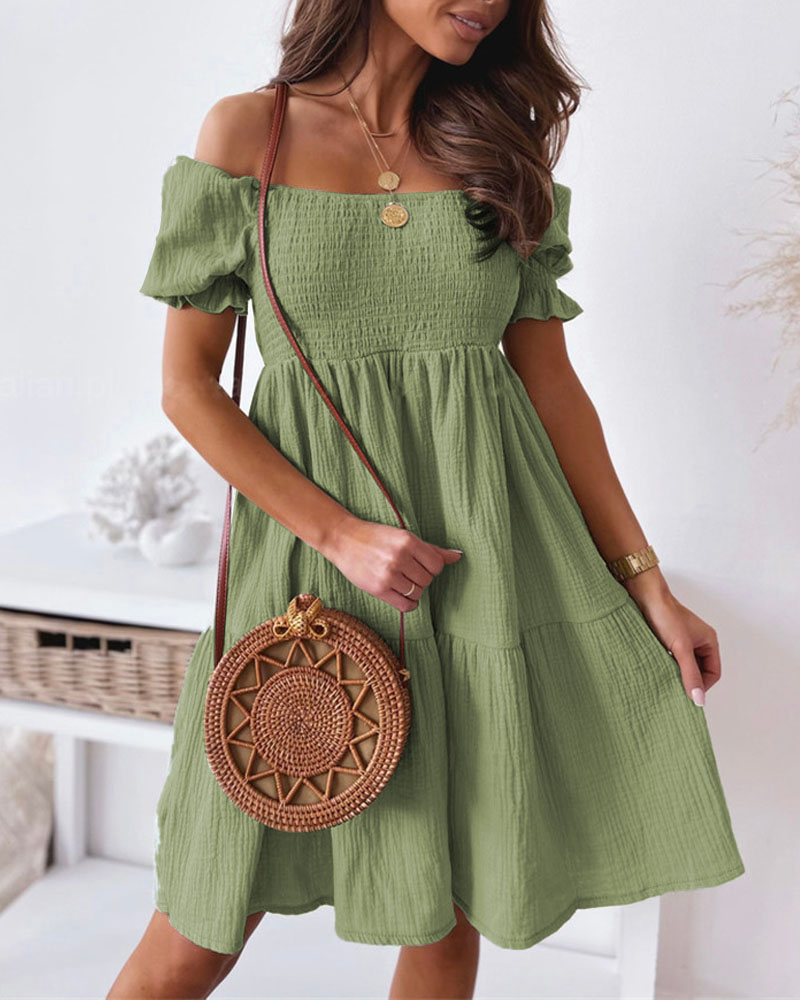 

Off Shoulder Shirred Flowy Swing Dress, Green