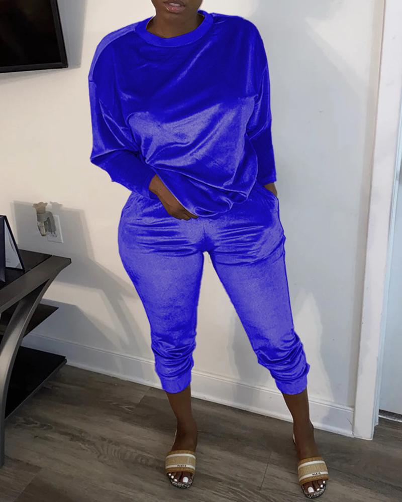 

Velvet Long Sleeve Top & Pants Set, Dark blue