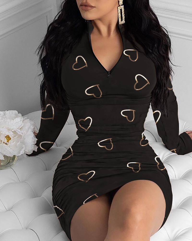

Valentine' Day Heart Print Zip Detail Bodycon Dress, Black