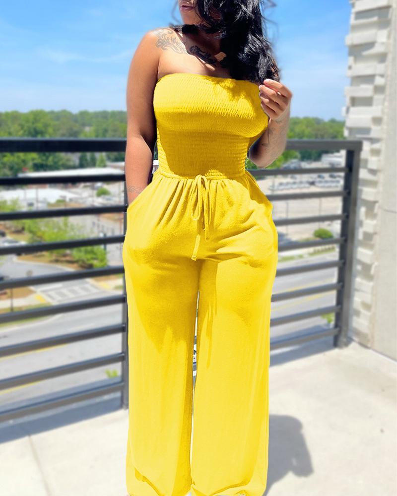 

Bandeau Shirred Pocket Design Wide Leg Jumpsuit, Yellow