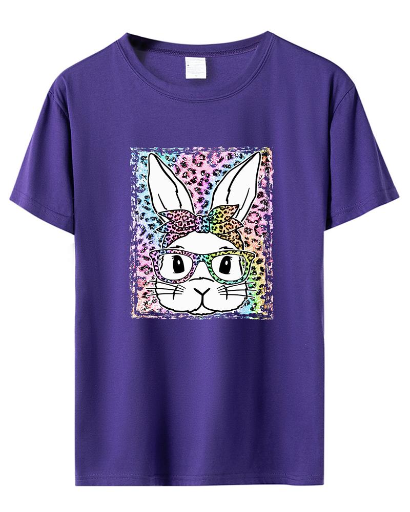 

Easter Leopard Bunny Print Casual T-shirt, Purple