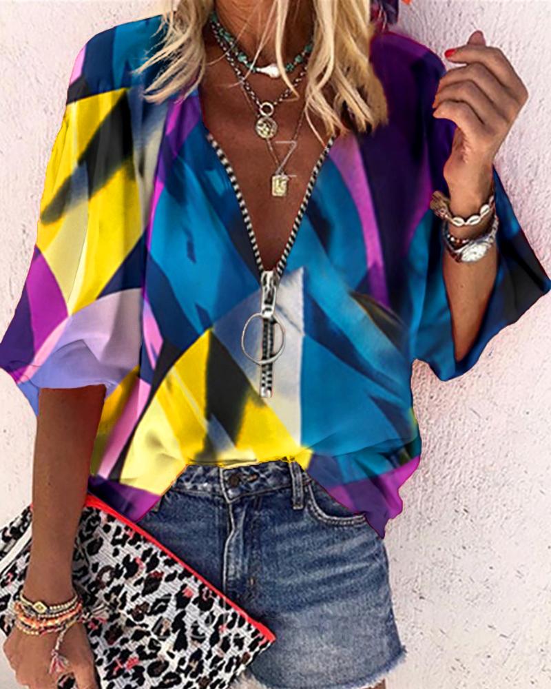 

V-neck Zipper Front Floral Print Lantern Sleeve Casual Top Loose Blouse, Multicolor