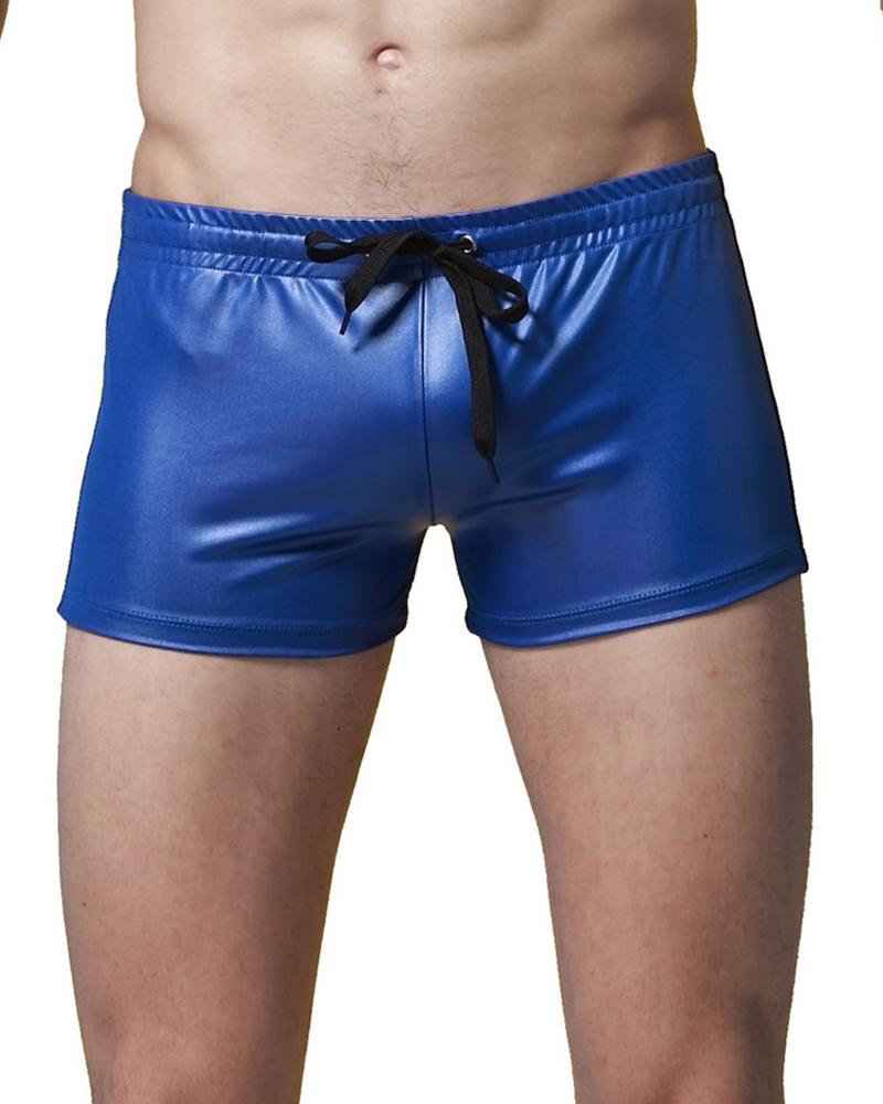 

Solid Skinny PU Swimwear Shorts Briefs, Blue