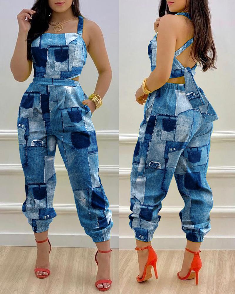 

Denim Look Print Crisscross Backless Jumpsuit, Blue