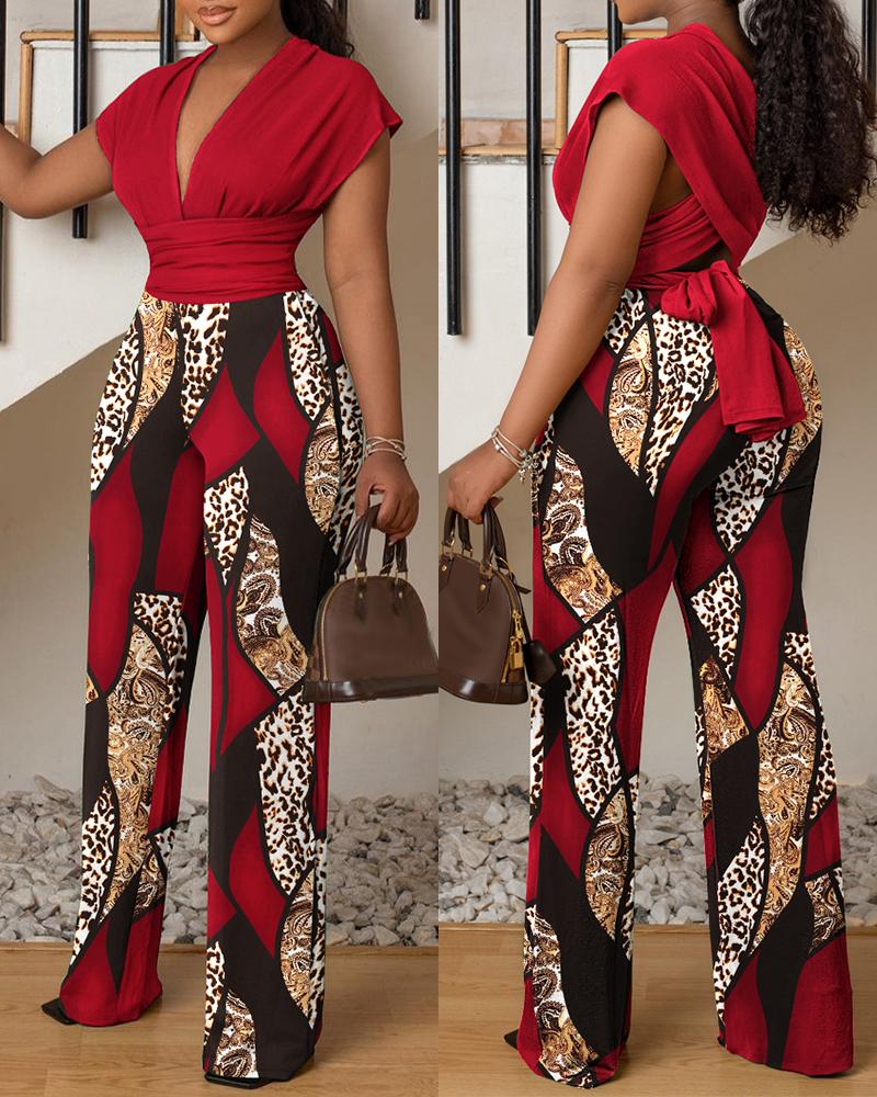 

Baroque Leopard Print Criss Cross Jumpsuit, Red
