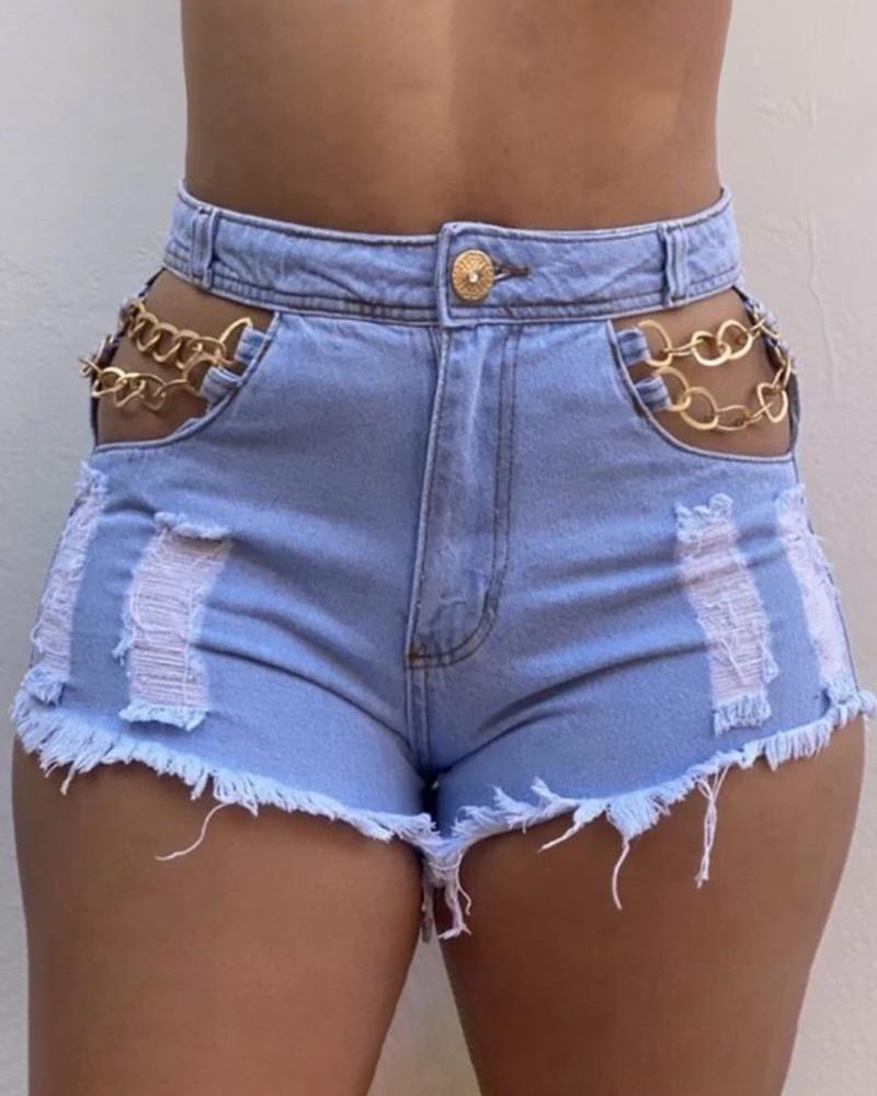 

Cutout Ripped Raw Hem Chain Decor Denim Shorts, Lighted blue