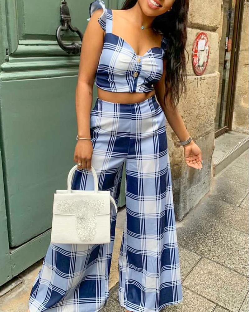 

Plaid Print Ruffles Crop Top & Wide Leg Pants Set, Blue
