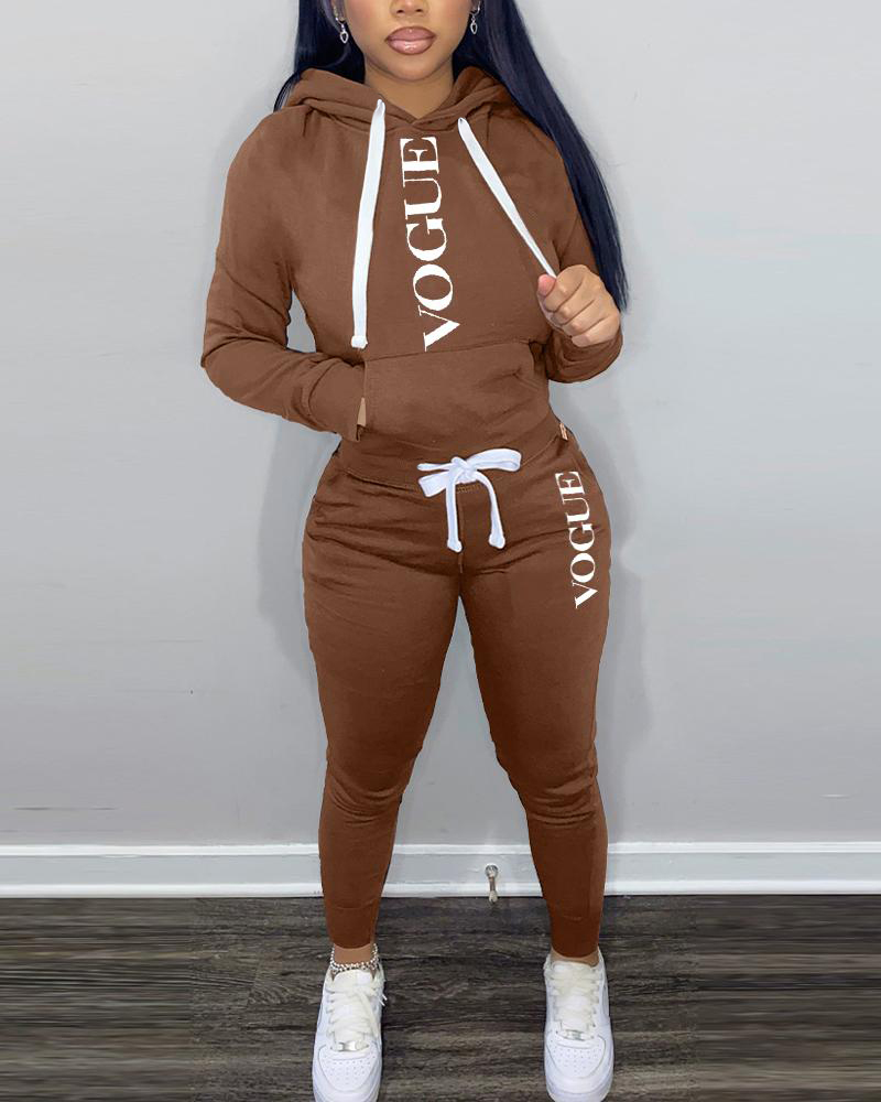 

Letter Print Long Sleeve Casual Hoodie & Pants Set, Coffee