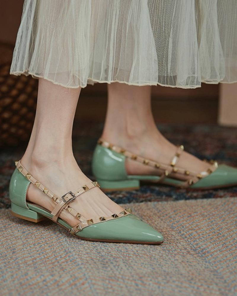 

Studded Buckled Pointed Toe Slingback Shoes, Green