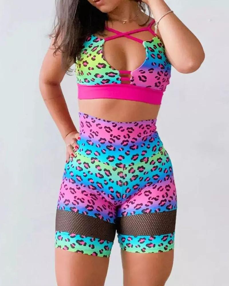 

Leopard Print Contrast Mesh High Waist Active Set, Multicolor