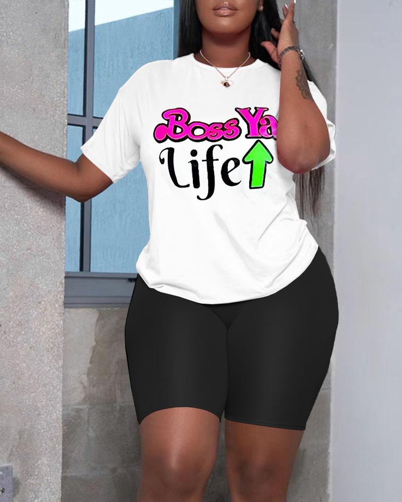 

Letter Print Casual Top & Shorts Set, Blackwhite