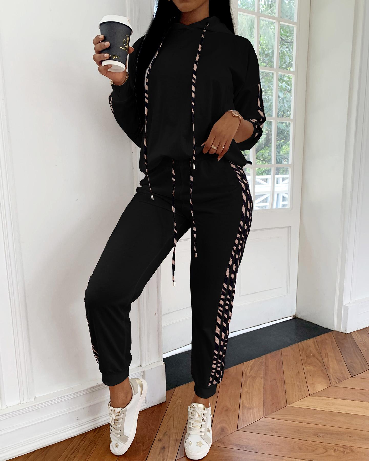 

Striped Drawstring Design Hooded Top & Casual Pant Sets, Black