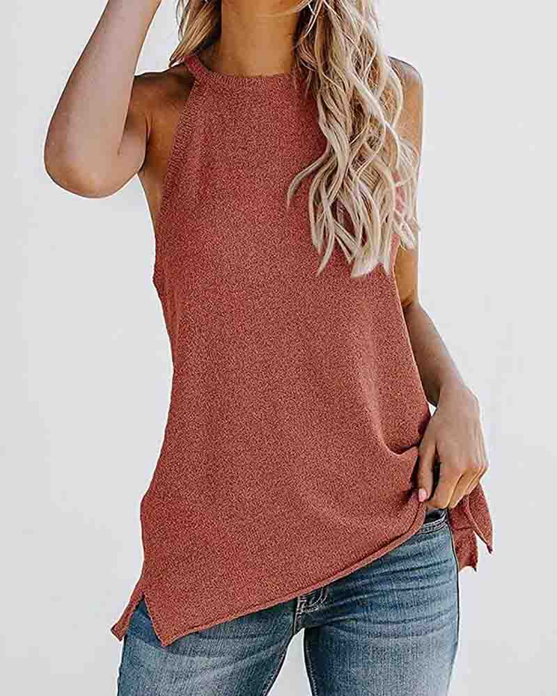 

Sleeveless Plain Side Slit O-neck Top, Pink