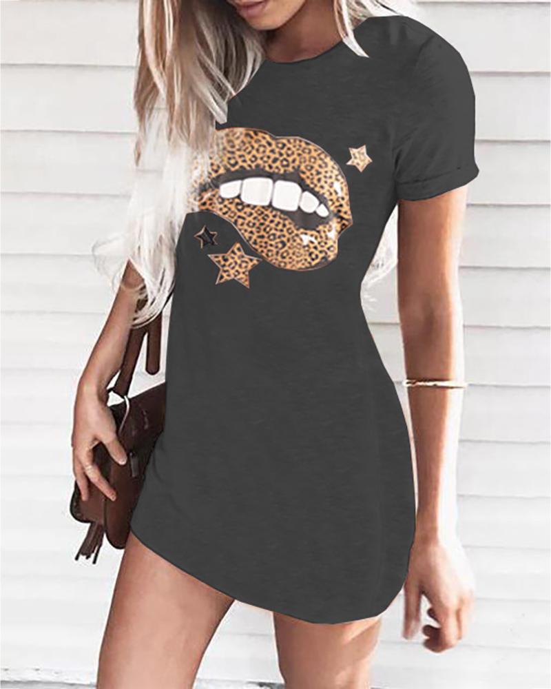 

Star Lip Leopard Print Casual Dress, Black