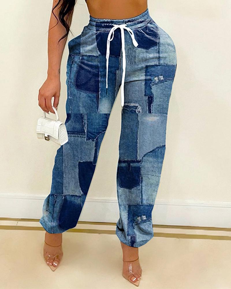 

Denim Print Drawstring Pocket Design Cuffed Pants, Blue