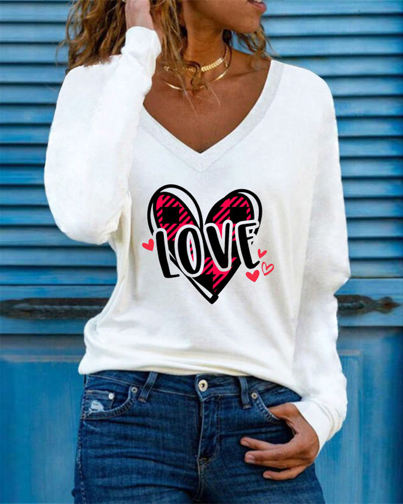 

Heart Letter Print Long Sleeve V-Neck Top, White