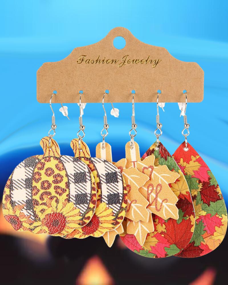 

3Pairs Halloween Plaid Leopard Sunflower Print Pumpkin Marple Leaf Waterdrop Dangle Hook Earrings Set, Orange