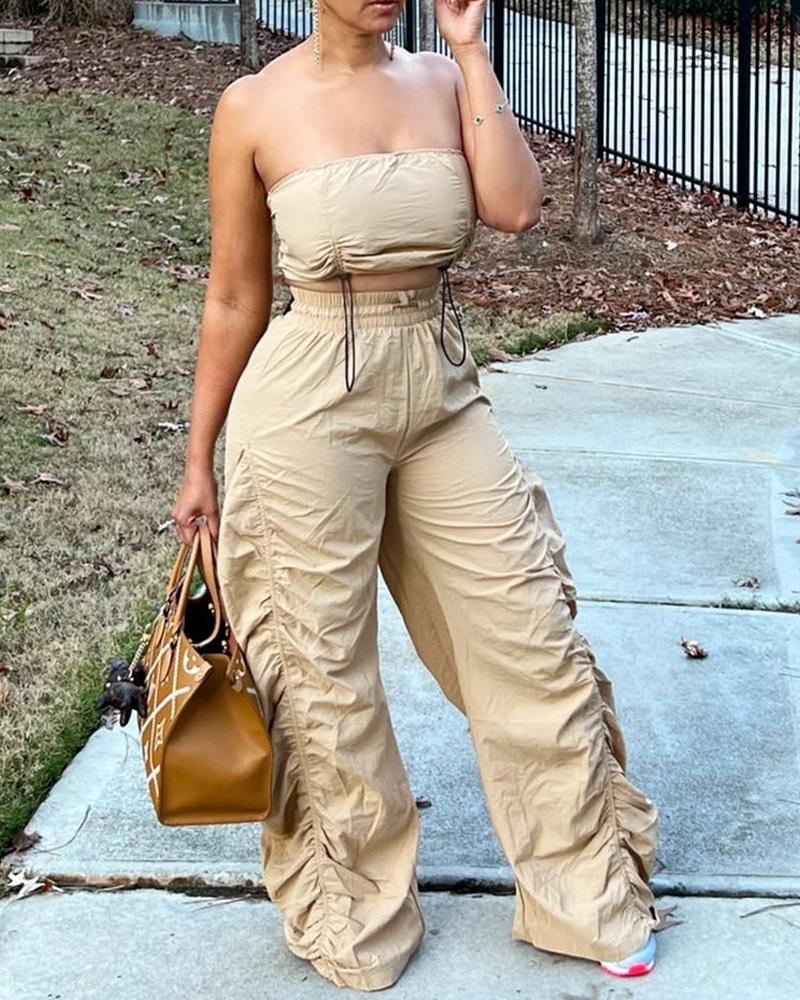 

Drawstring Hem Crop Tube Top & Ruched Pants Set, Khaki