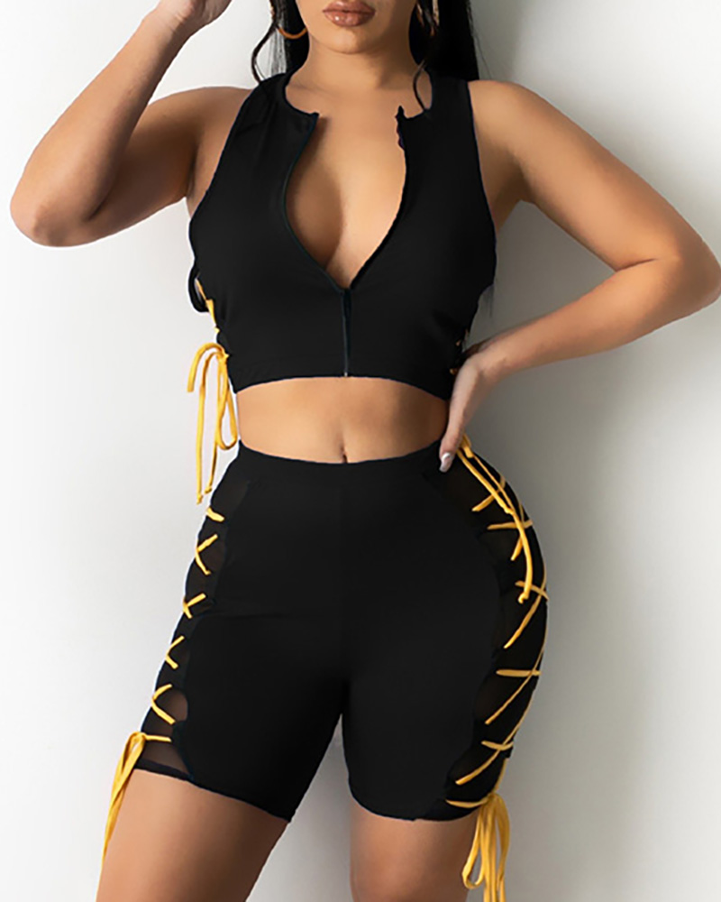 

Eyelet Lace-up Zipper Front Colorbock Crop Top & Shorts Set, Black