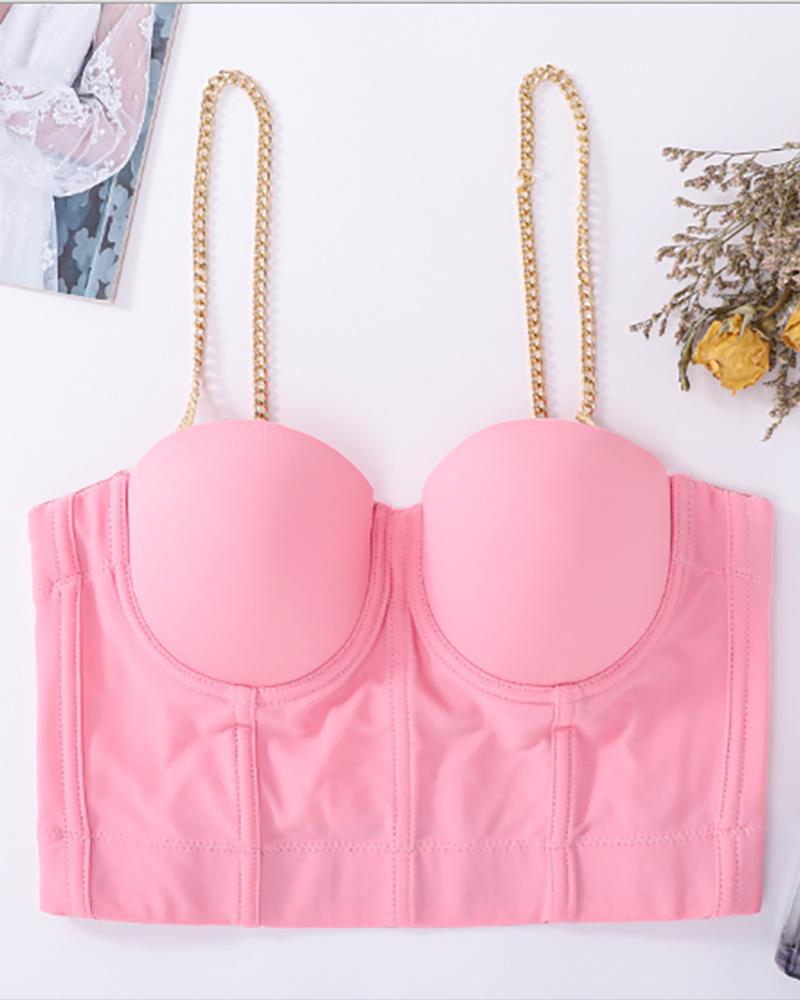 

Chain Strap V Neck Corset Crop Top, Pink