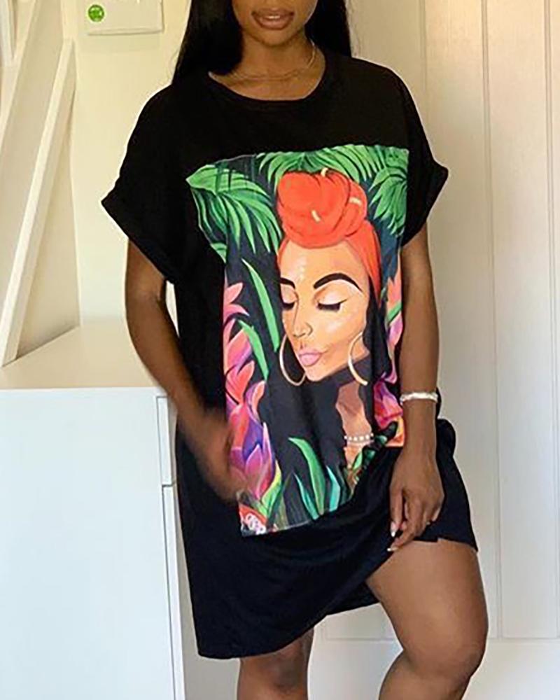 

Figure Print Casual T-Shirt Dress, Black