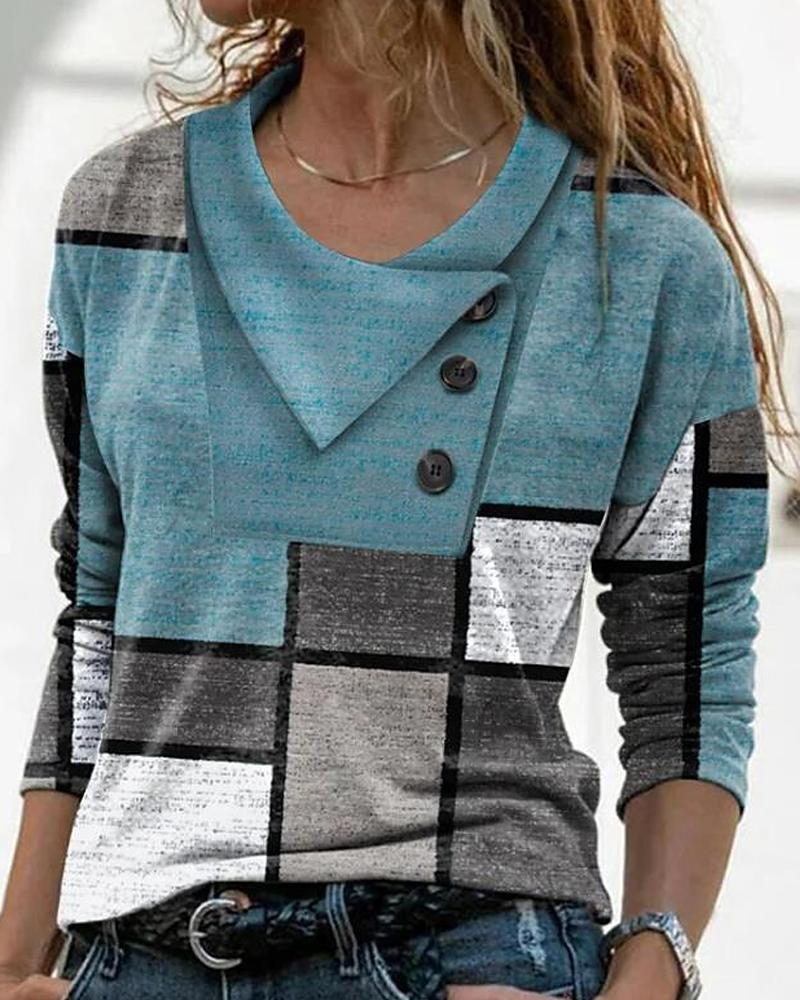 

Geometric Print Button Decor Long Sleeve Top, Lighted blue