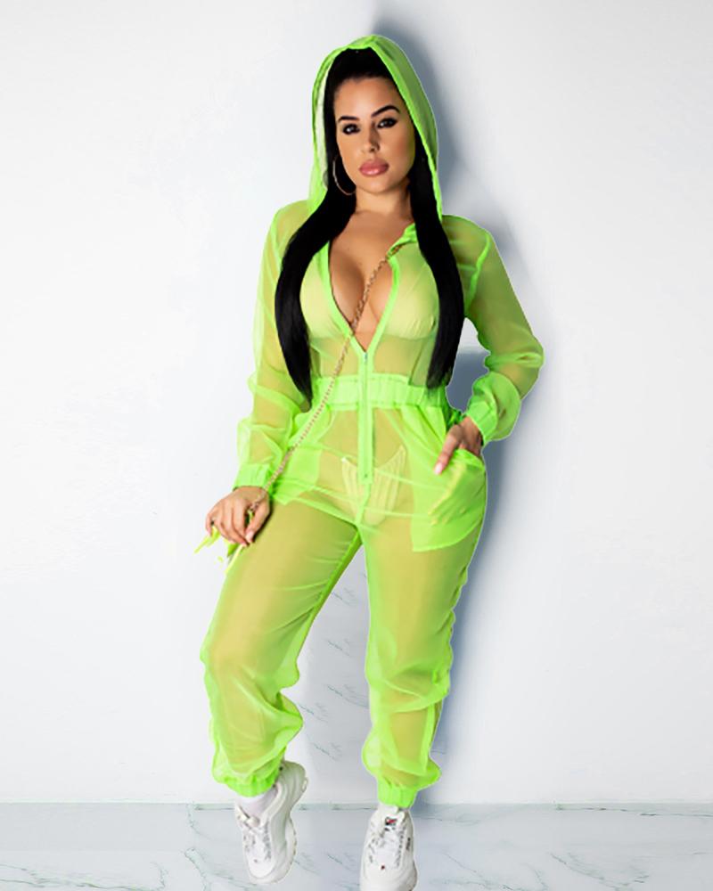 

Sheer Mesh Zipper Pocket Design Hooded Jumpsuit, Green