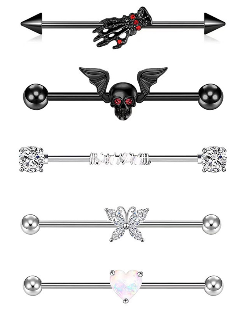 

5pcs Halloween Skull Head Claw Butterfly Heart Pattern Piercing Cartilage Stud Earrings Set, Silver