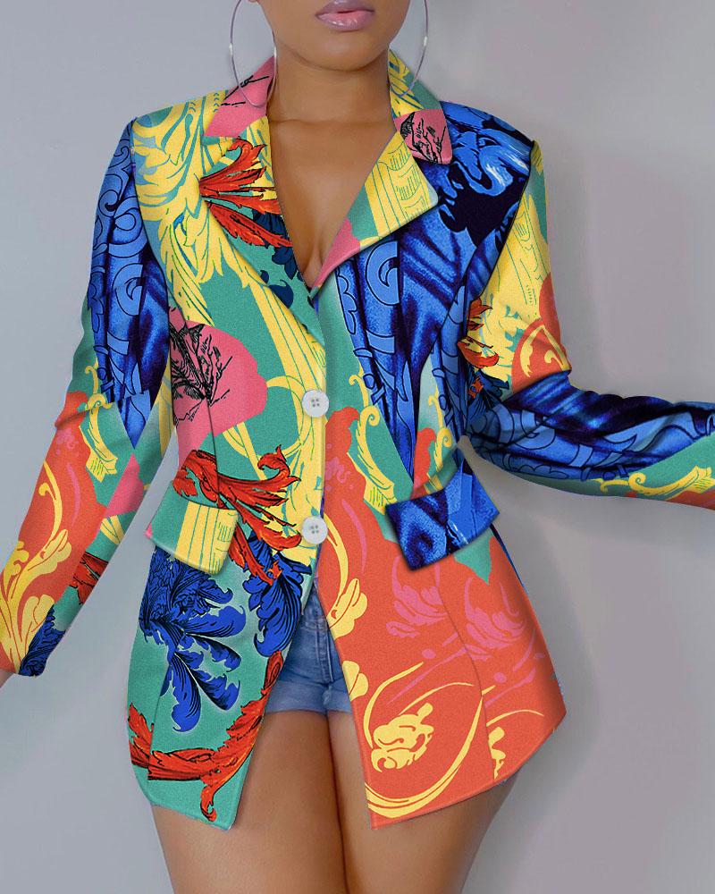 

Floral Print Buttoned Pocket Decor Blazer Coat, Multicolor