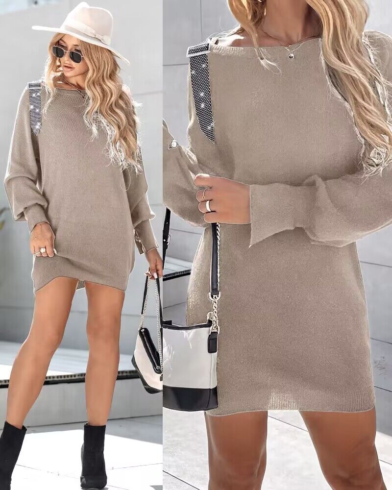 

Rhinestone Buckled Batwing Sleeve Casual Knit Long Sleeve Dress, Apricot