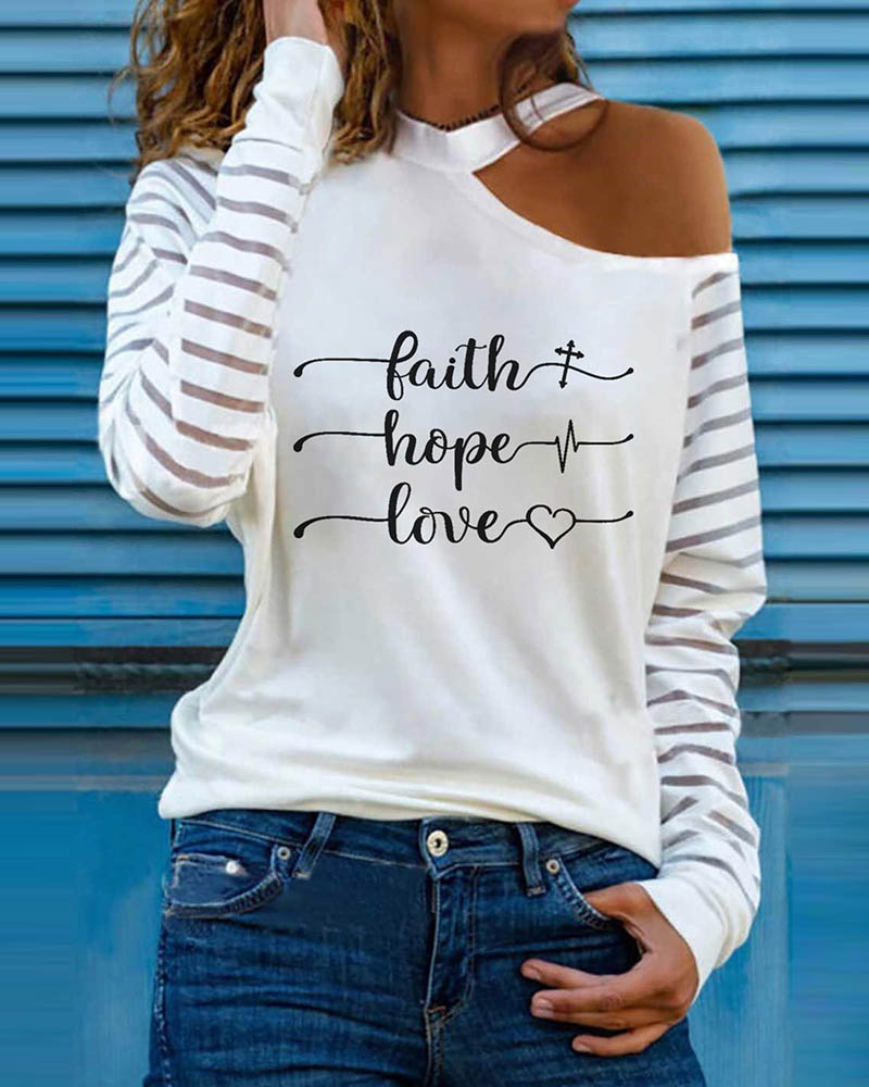 

Letter Pattern Print One Shoulder Sheer Mesh Top, White