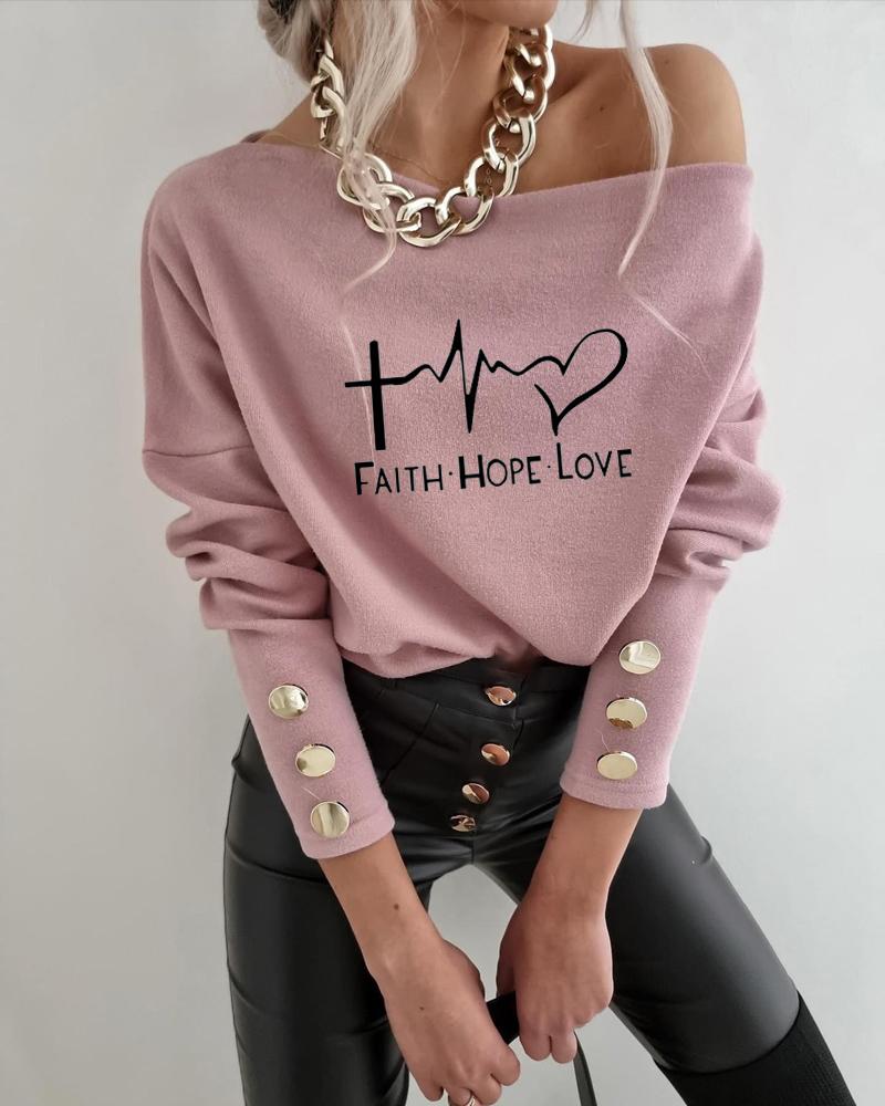 

Letter Graphic Print Button Decor Long Sleeve Top, Light pink