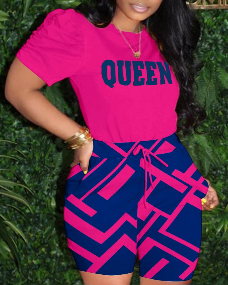 

Plus Size Queen Letter Geometric Print Top & Drawstring Shorts Set, Hot pink