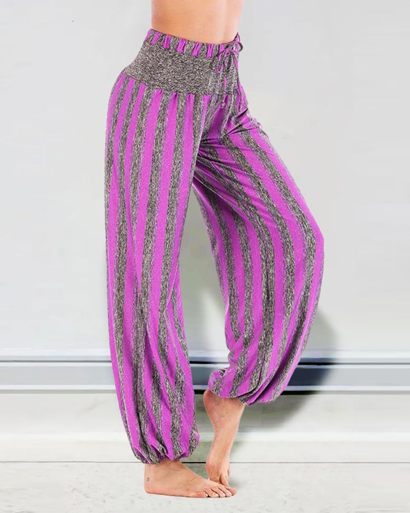 

Striped Print Drawstring High Waist Pants, Purple