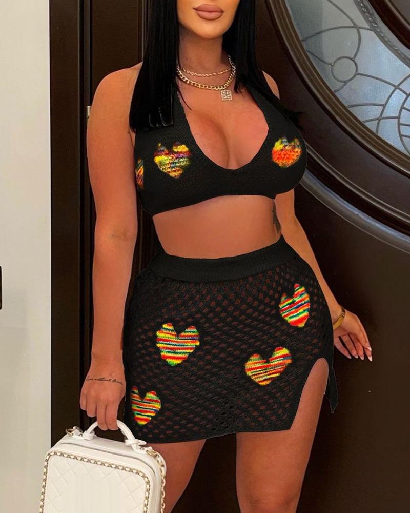 

Hollow Out Heart Pattern Bikini Top & Skirt Set, Black