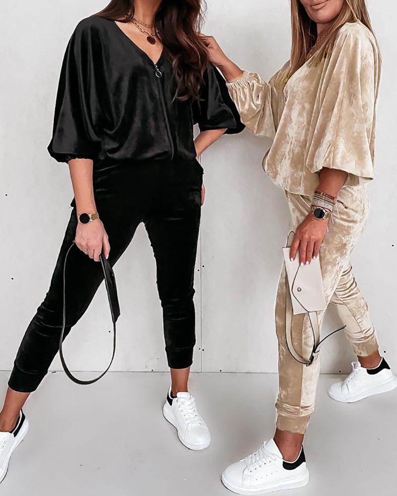 

Zipper Design Lantern Sleeve Top & Pants Set, Black