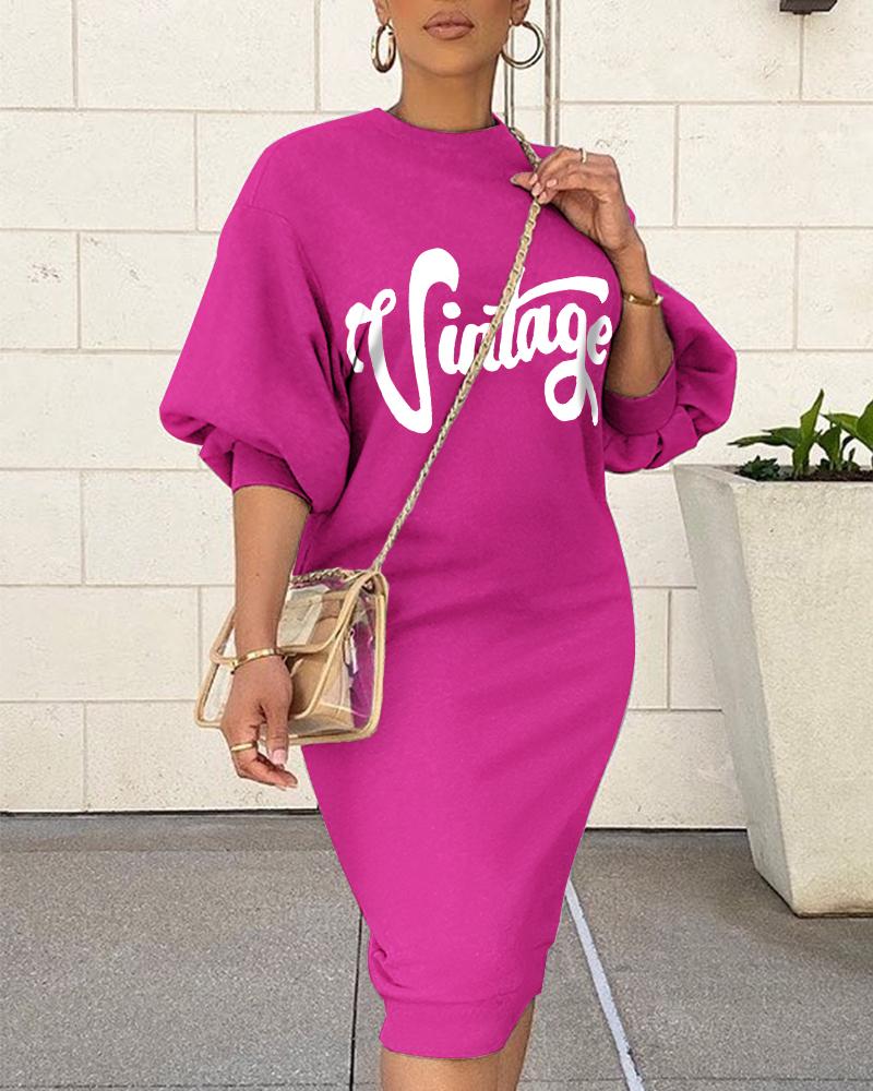 

Fluffy Letter Print Colorblock Lantern Sleeve Sweatshirt Dress, Hot pink